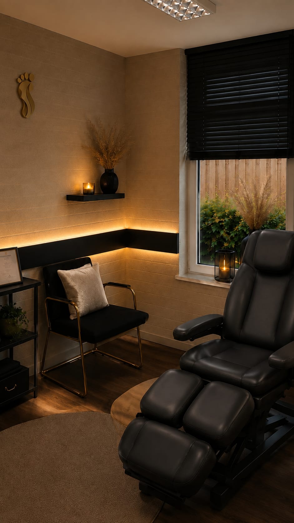 Sfeervolle behandelruimte van pedicurepraktijk Hassle Free Feet in Helmond